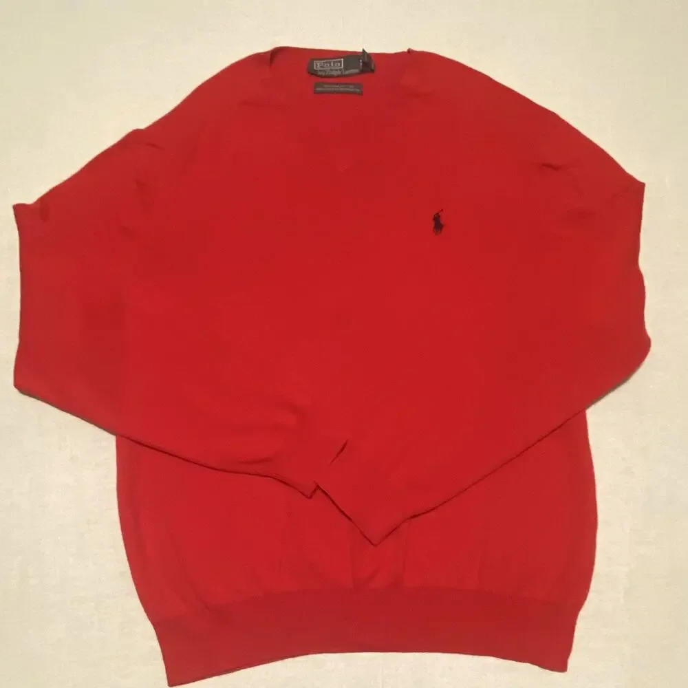 Polo by Ralph Lauren Mens L Red V-Neck Knit Cotton Polo Pony Logo Sweater